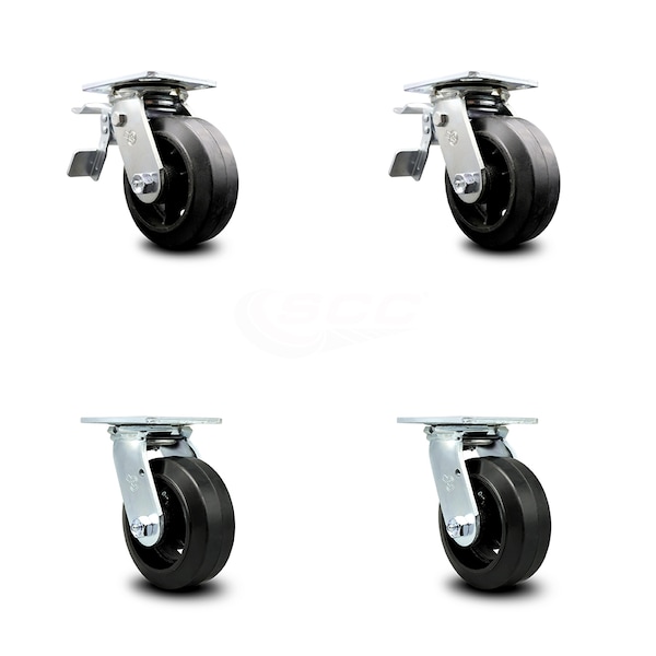 5 Inch Rubber on Steel Caster Set with Ball Bearing 2 Total Lock Brake SCC